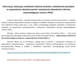 Informacja, dotycząca możliwości złożenia wniosku o świadczenie pieniężne za zapewnienie zakwaterowania i wyżywienia obywatelom Ukrainy nieposiadającym numeru PESEL.