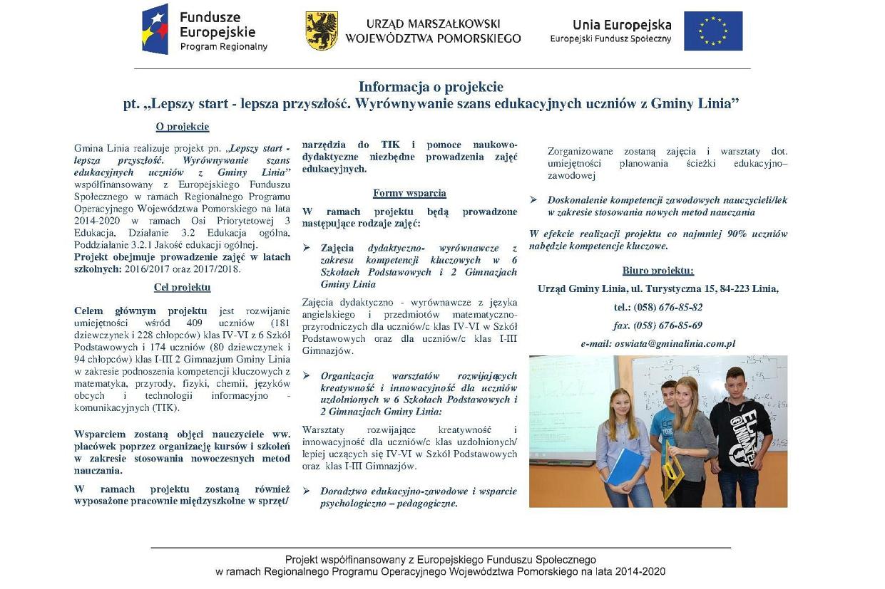 Lepszy start - lepsza przyszłość. Wyrównywanie szans edukacyjnych uczniów z Gminy Linia - ulotka