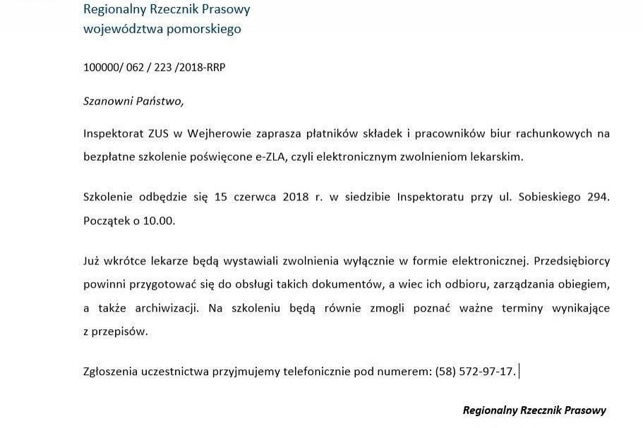Inspektorat ZUS w Wejherowie zaprasza płatników składek i pracowników biur rachunkowych na bezpłatne szkolenie poświęcone e-ZLA, czyli elektronicznym zwolnieniom lekarskim.