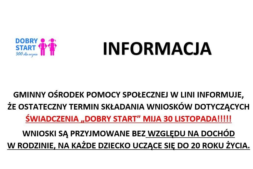 TERMIN SKŁADANIA WNIOSKÓW DOTYCZĄCYCH ŚWIADCZENIA „DOBRY START” MIJA 30 LISTOPADA!
