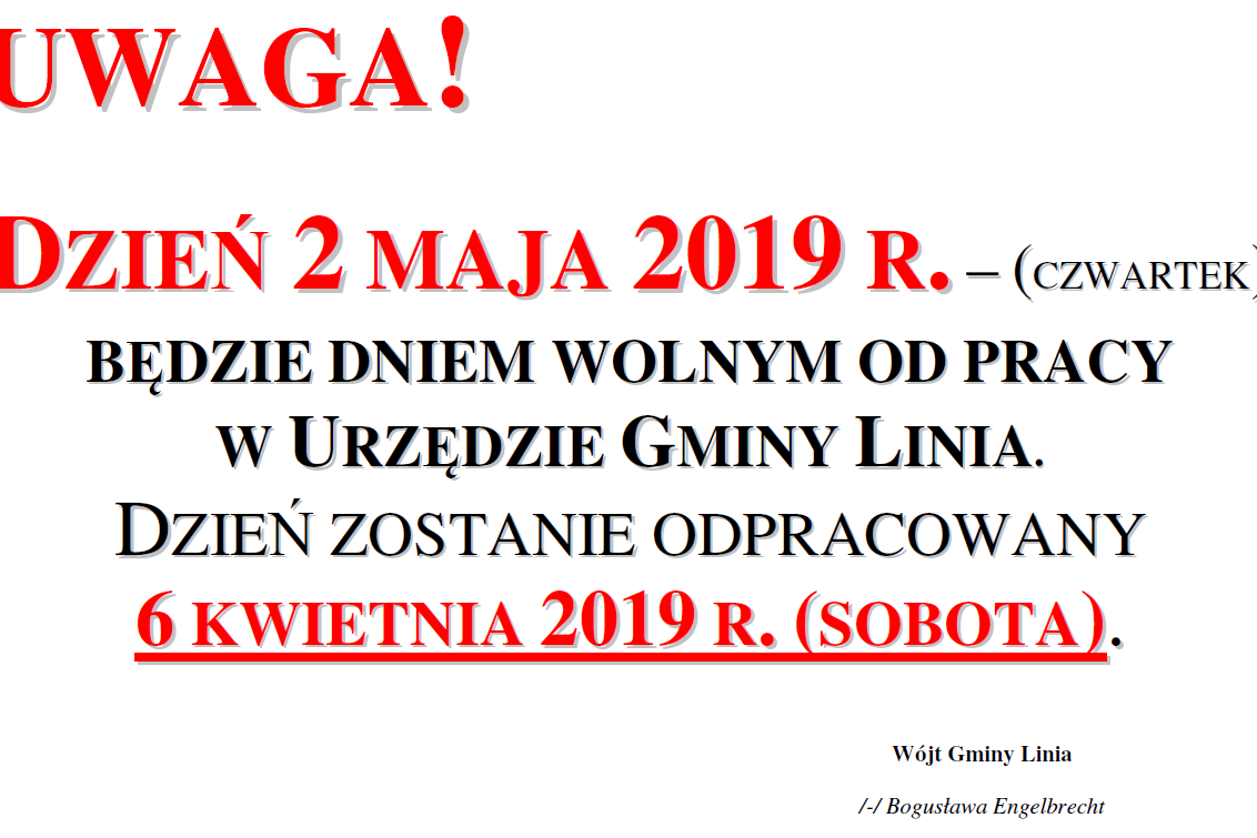 Urząd nieczynny 2 maja 2019r. W zamian otwarte będzie 6 kwietnia 2019r (sobota)