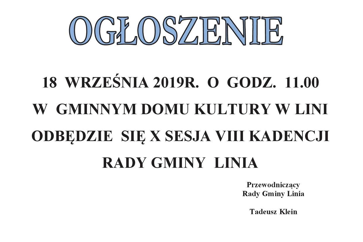 Zawiadomienie o X Sesji Rady Gminy Linia - 18.09.2019r.