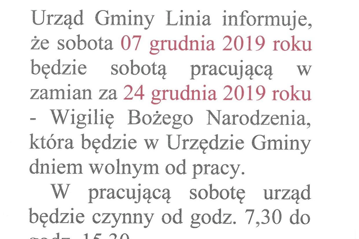7 grudnia 2019 (sobota) Urząd Gminy Czynny od 7:30 do 15:30