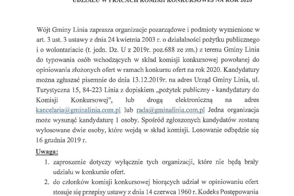 Zaproszenie dla organizacji pozarządowych do udziału w pracach komisji konkursowej na rok 2020