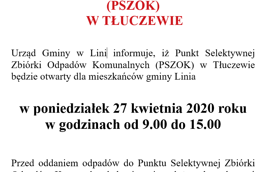 PSZOK w Tłuczewie otwarty w poniedziałek 27.04.2020  9:00 do 15:00