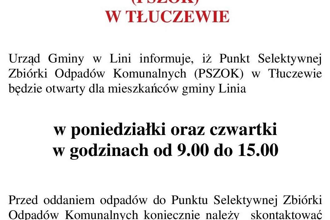 PSZOK w Tłuczewie otwarty w poniedziałki i czwartki  9:00 do 15:00