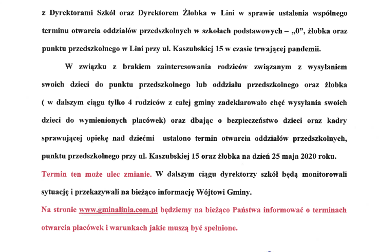Informacja w sprawie żłobka i punktu przedszkolnego 2020.05.12