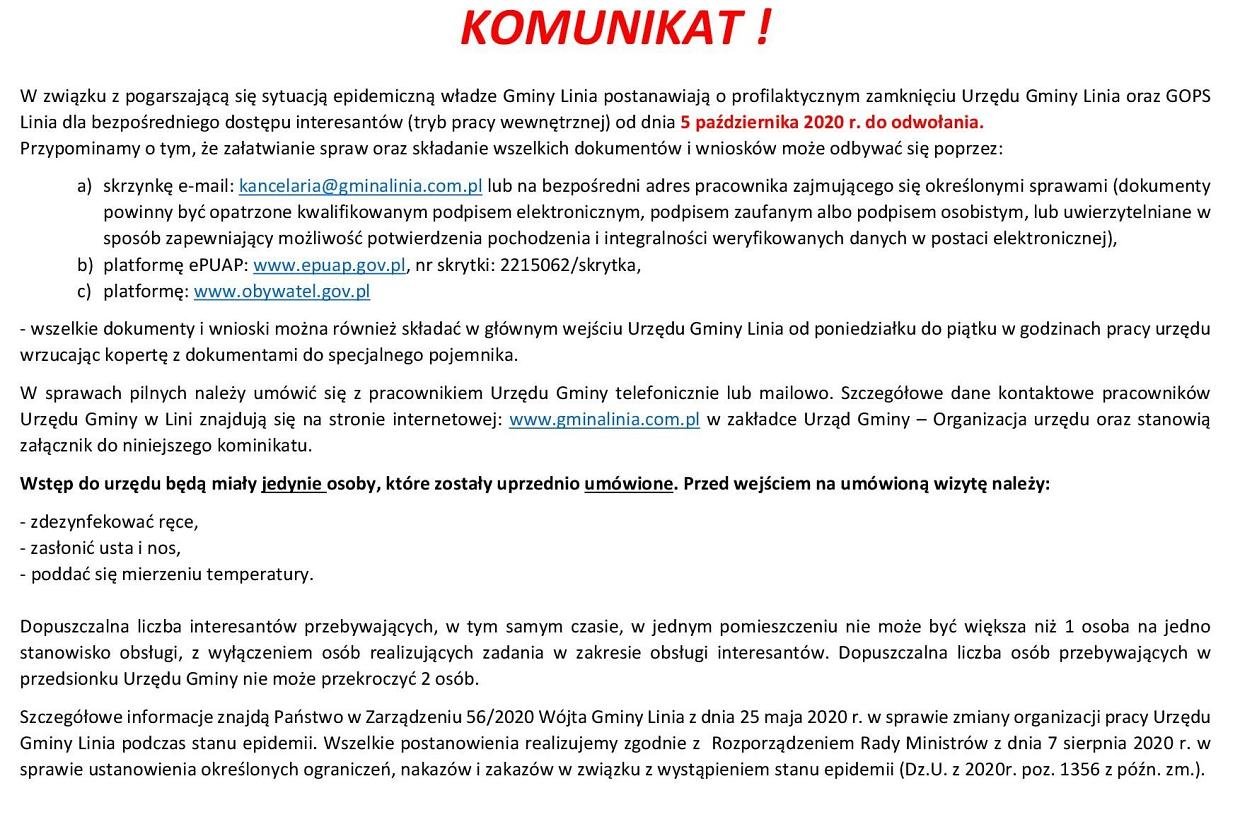 Komunikat o pracy Urzędu Gminy od dnia 5 października 2020