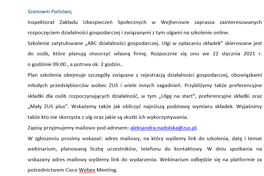 Szkolenie ZUS „ABC działalności gospodarczej. Ulgi w opłacaniu składek”