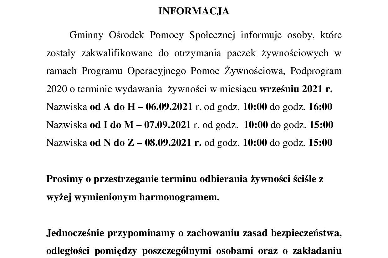 Informacja o wydawaniu paczek żywnościowych