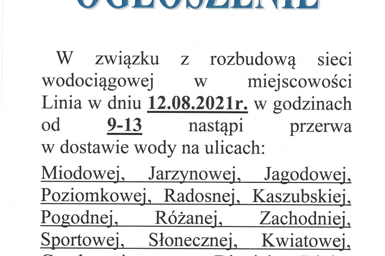 Ogłoszenie o przerwie w dostawie wody - Linia w stronę Lęborka