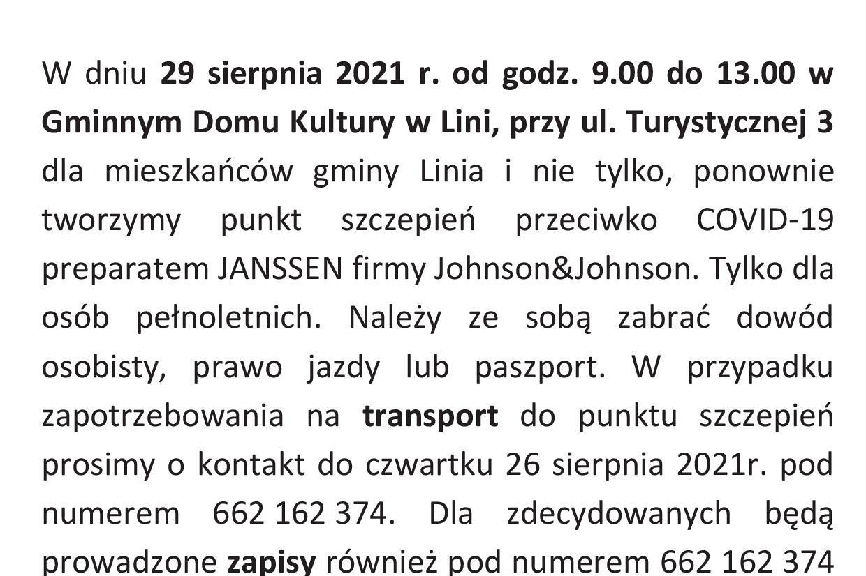 Akcja szczepień w Gminie Linia - 29.08.2021r.