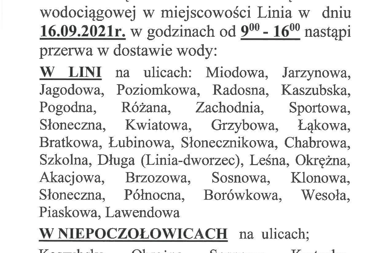 Przerwa w dostawie wody 16.09.2021 (od sklepu Dino w stronę Niepoczołowic)