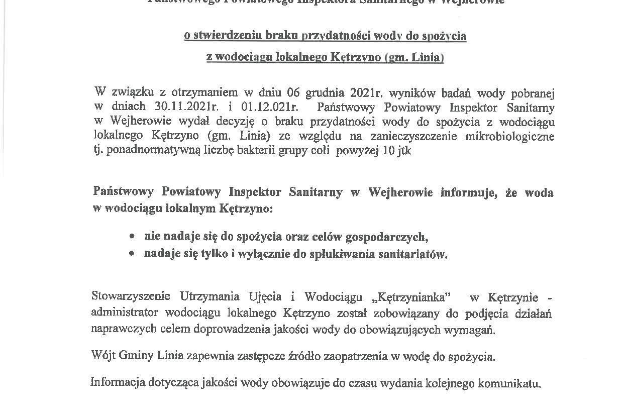 Komunikat o stanie wody z ujęcia Kętrzyno - WODA NIEZDATNA DO SPOŻYCIA!