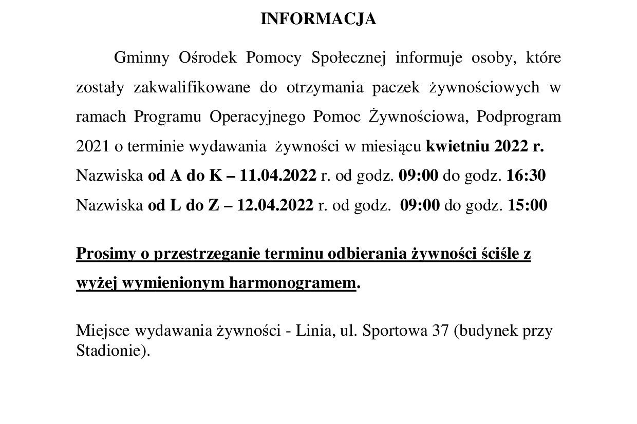 Informacja o wydawaniu paczek żywnościowych