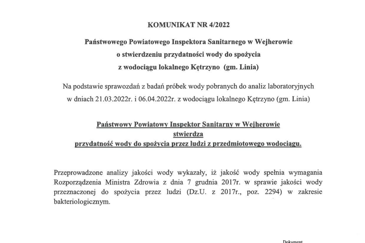 Komunikat o stanie wody z ujęcia Kętrzyno - woda zdatna do spożycia!