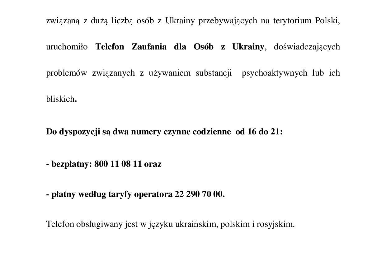 Telefon Zaufania dla Osób z Ukrainy, doświadczających problemów związanych z używaniem substancji  psychoaktywnych lub ich bliskich.