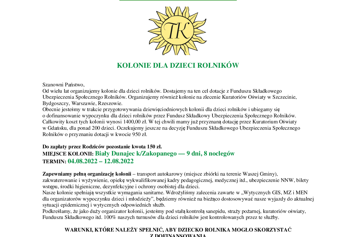 KOLONIE DLA DZIECI ROLNIKÓW - BIAŁY DUNAJEC