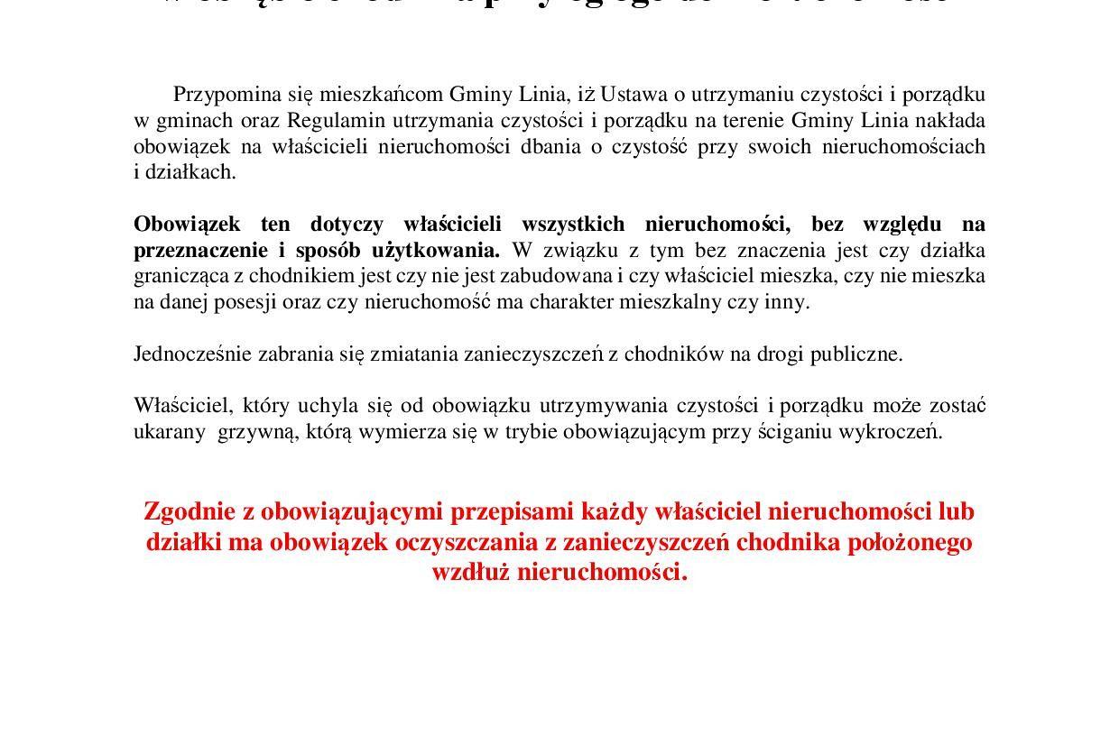Informacja o utrzymaniu czystości i porządku w obrębie chodnika przyległego do nieruchomości