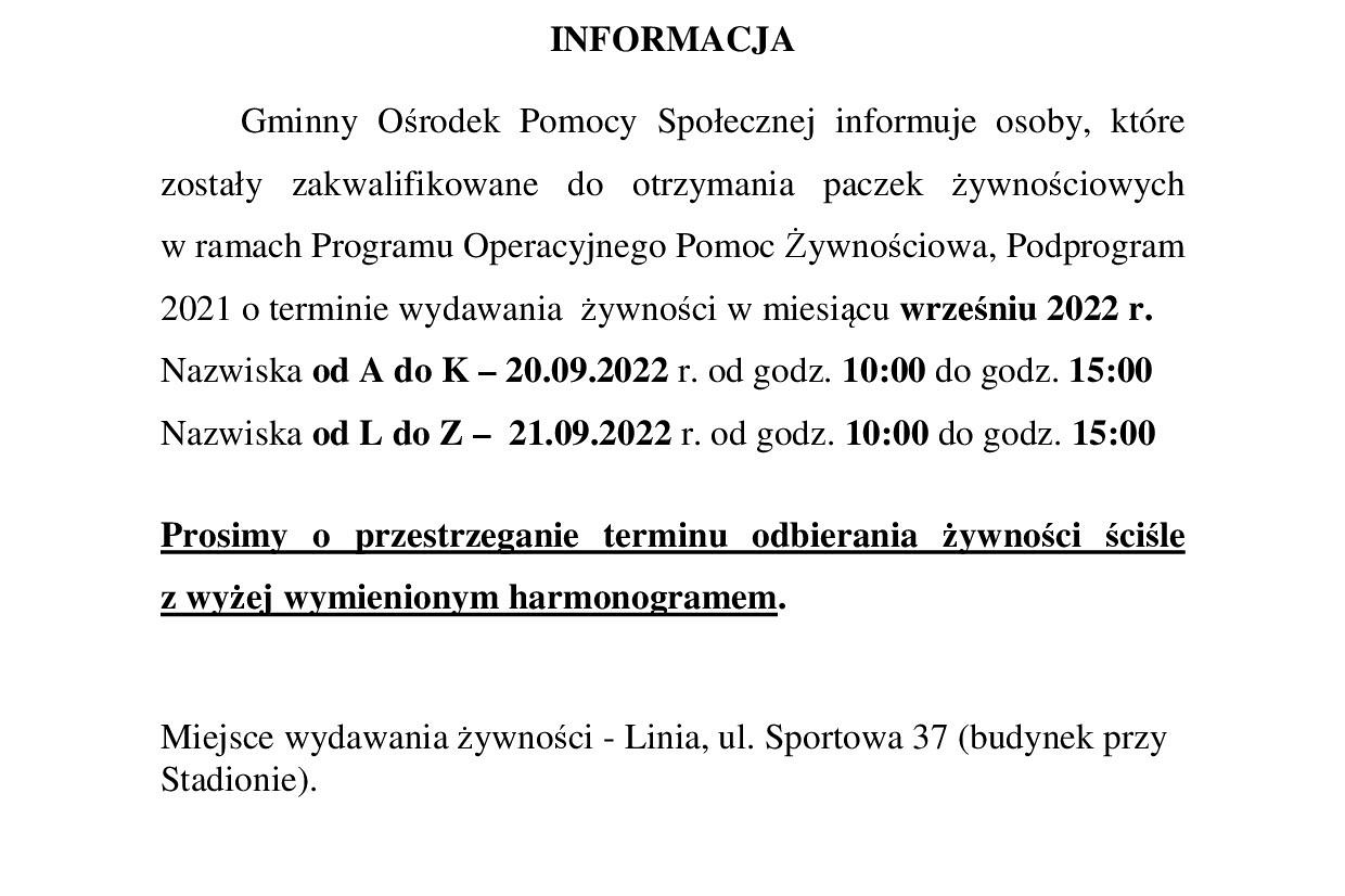Informacja o wydawaniu paczek żywnościowych