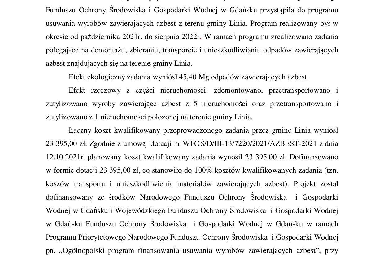 Sprawozdanie z realizacji zadania pn. „Dofinansowanie na realizację przedsięwzięć związanych z usuwaniem odpadów niebezpiecznych zawierających azbest z terenu Linia”