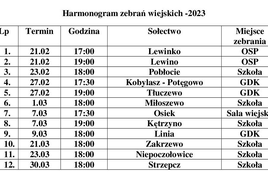 Harmonogram zebrań wiejskich - 2023