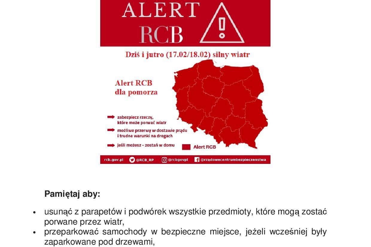 „Uwaga! Dziś i jutro (17/18.02) silny wiatr.  Możliwe przerwy w dostawie prądu i trudne warunki na drogach. Zostań w domu, jeśli możesz.”