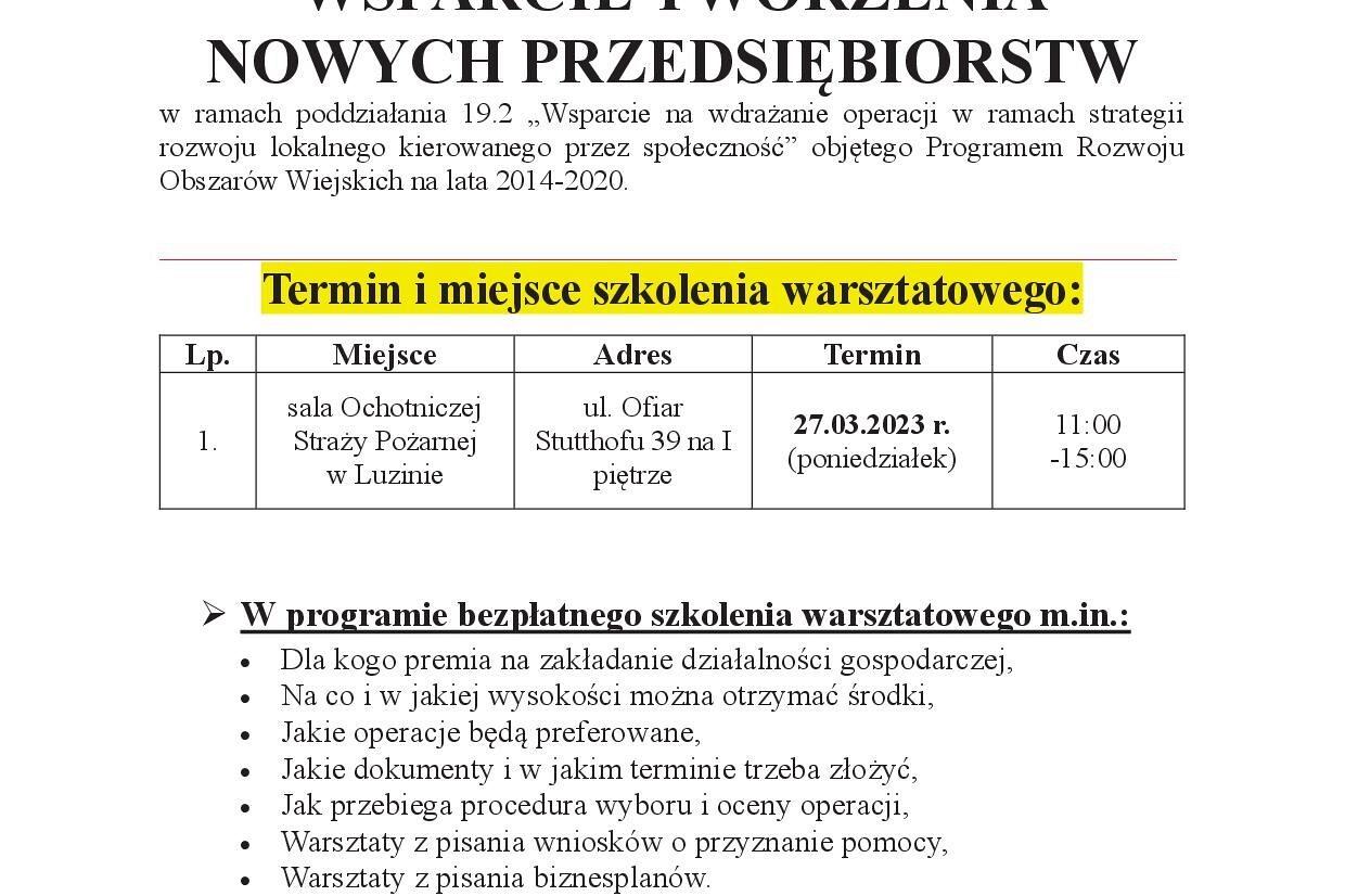 Bezpłatne szkolenie - Wsparcie tworzenia nowych przedsiębiorstw.