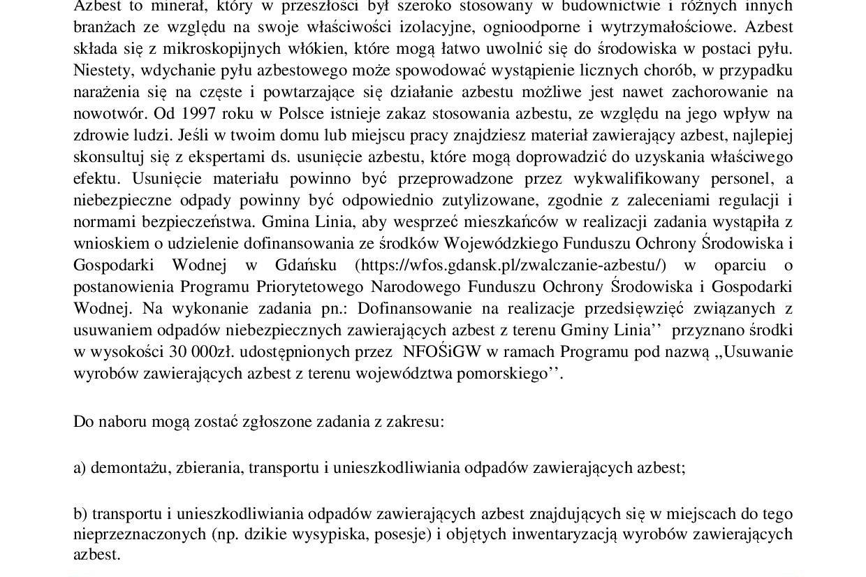 Usuwanie wyrobów zawierających azbest z terenu Gminy Linia - edycja 2022