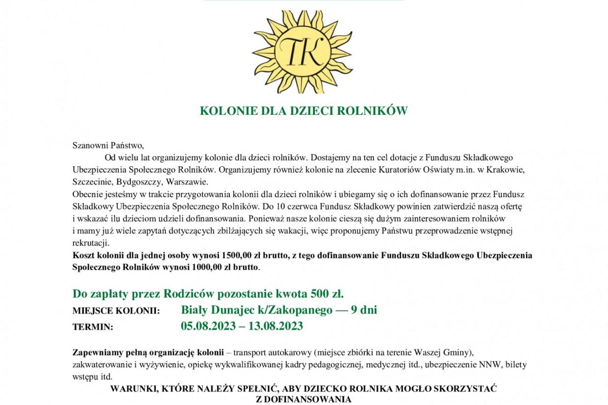 Kolonie dla dzieci rolników - sierpień 2023