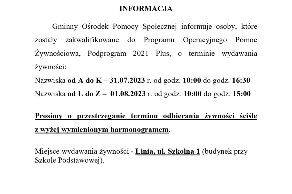 Informacja o wydawaniu paczek żywnościowych