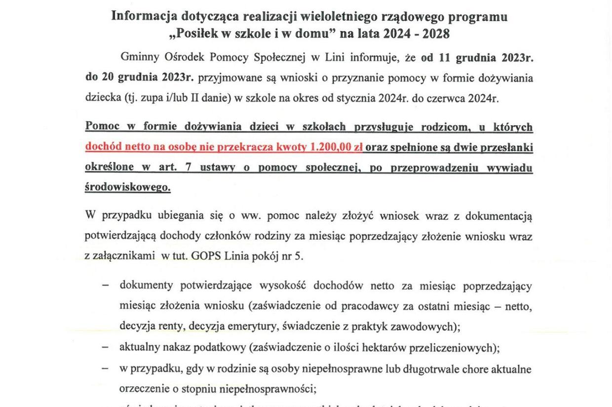 Informacja dotycząca realizacji wieloletniego rządowego programu „Posiłek w szkole i w domu” na lata 2024 - 2028