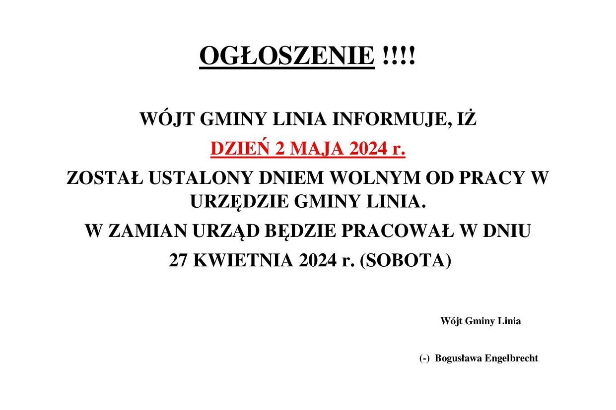 Urząd Gminy Linia nieczynny 2 maja 2024