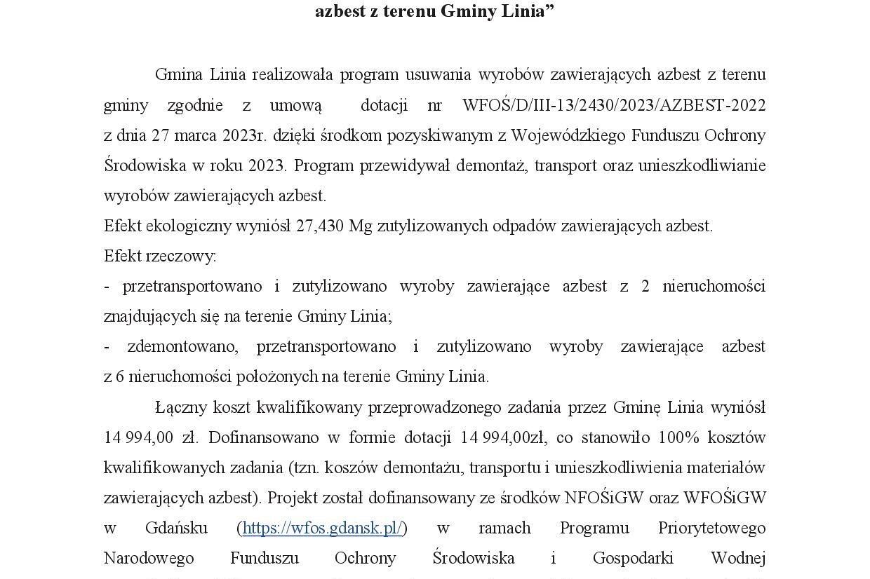 Usuwanie wyrobów zawierających azbest z terenu Gminy Linia - edycja 2022 - SPRAWOZDANIE