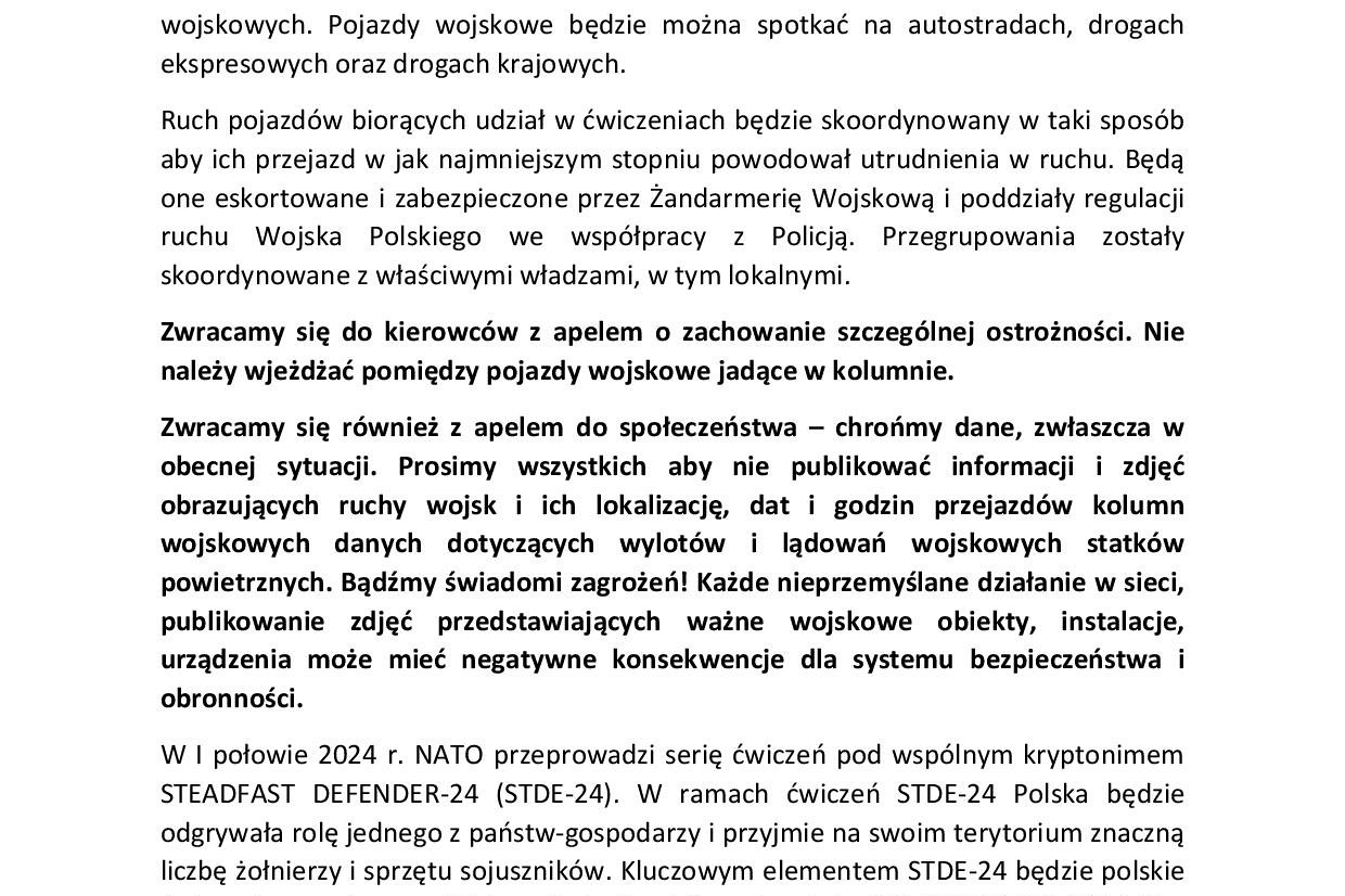 Komunikat w sprawie ćwiczeń  STEADFAST DEFENDER-24 i DRAGON