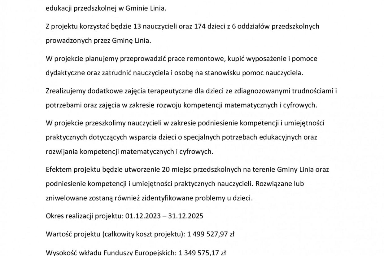 Gmina Linia uzyskała dofinansowanie na zadani pn. 