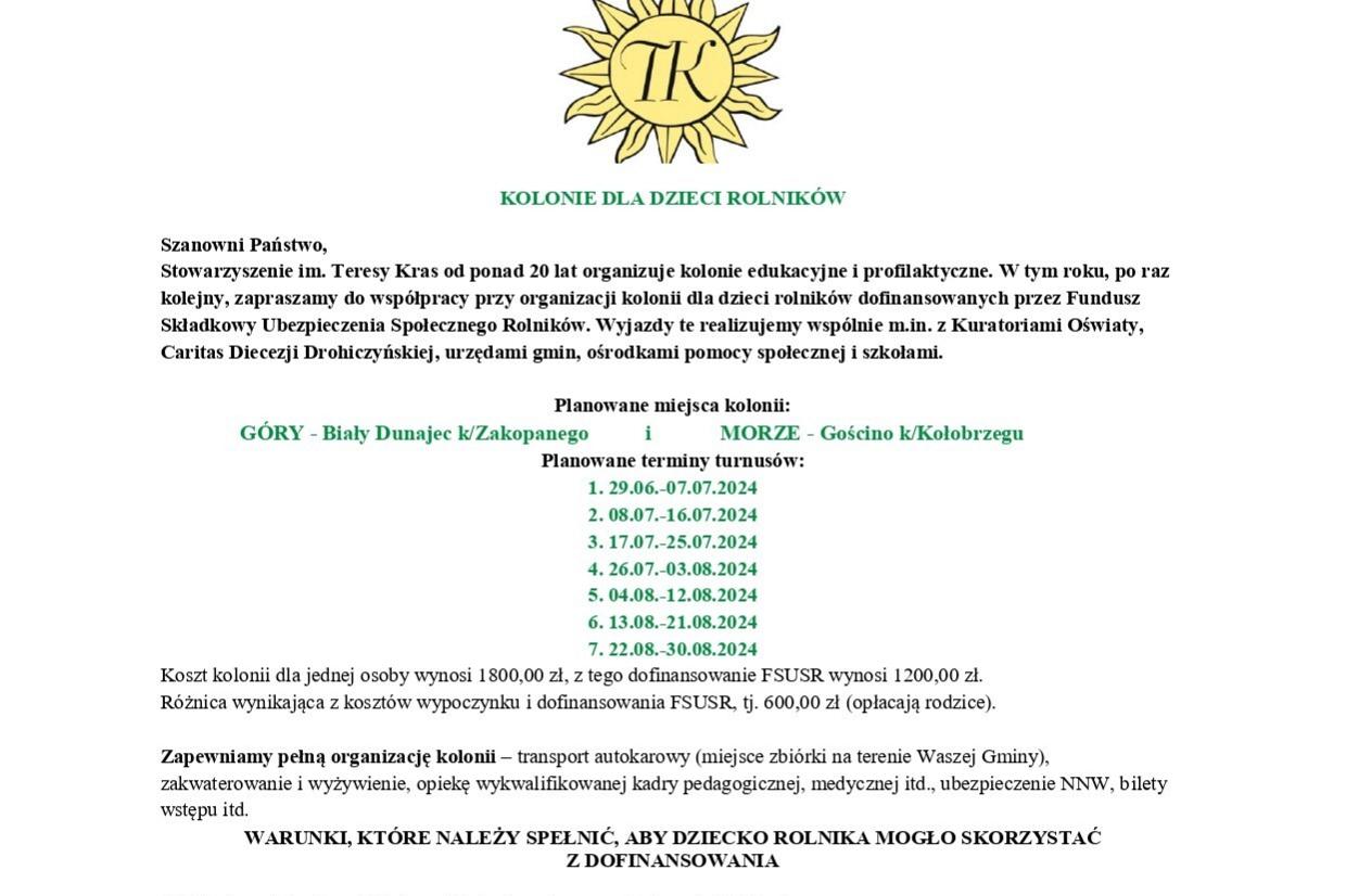 KOLONIE DLA DZIECI ROLNIKÓW - LATO 2024 (GÓRY - Biały Dunajec k/Zakopanego i MORZE - Gościno k/Kołobrzegu)