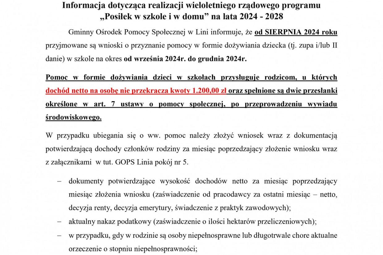 Informacja dotycząca realizacji wieloletniego rządowego programu „Posiłek w szkole i w domu” na lata 2024 - 2028