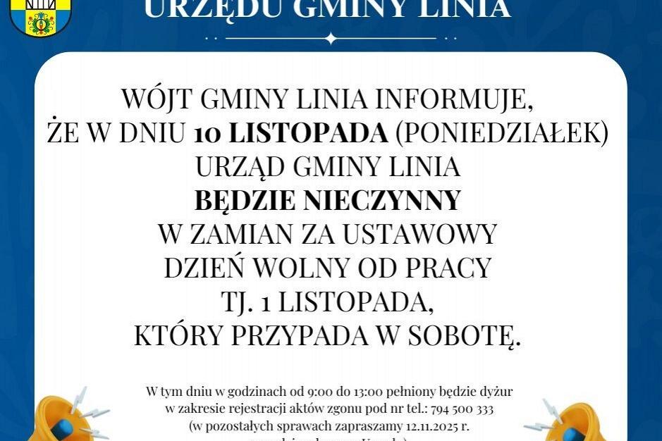 Biały komunikat na niebieskim tle o zamknięciu Urzędu Gminy Linia 10 listopada.