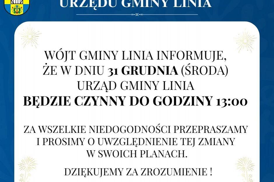 Komunikat Urzędu Gminy Linia dotyczący pracy Urzędu w dniu 31 grudnia