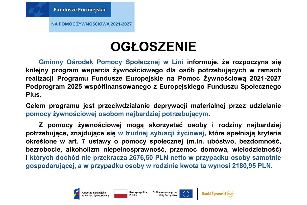 Pomoc Żywnościowa 2021-2027 Podprogram 2025 współfinansowana z Europejskiego Funduszu Społecznego Plus