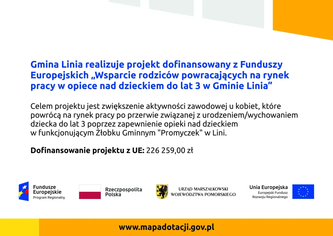 Plakat Wsparcie rodziców powracających na rynek pracy w opiece nad dzieckiem do lat 3 w Gminie Linia
