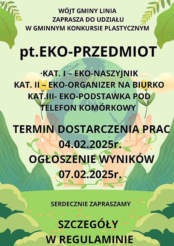 Plakat Gminnego Konkursu Plastycznego EKO-PRZEDMIOT z terminami i szczegółami.
