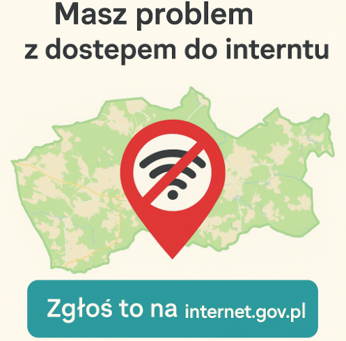 Tekst o problemie z internetem, mapa z ikoną braku Wi-Fi i przycisk zgłoszenia.