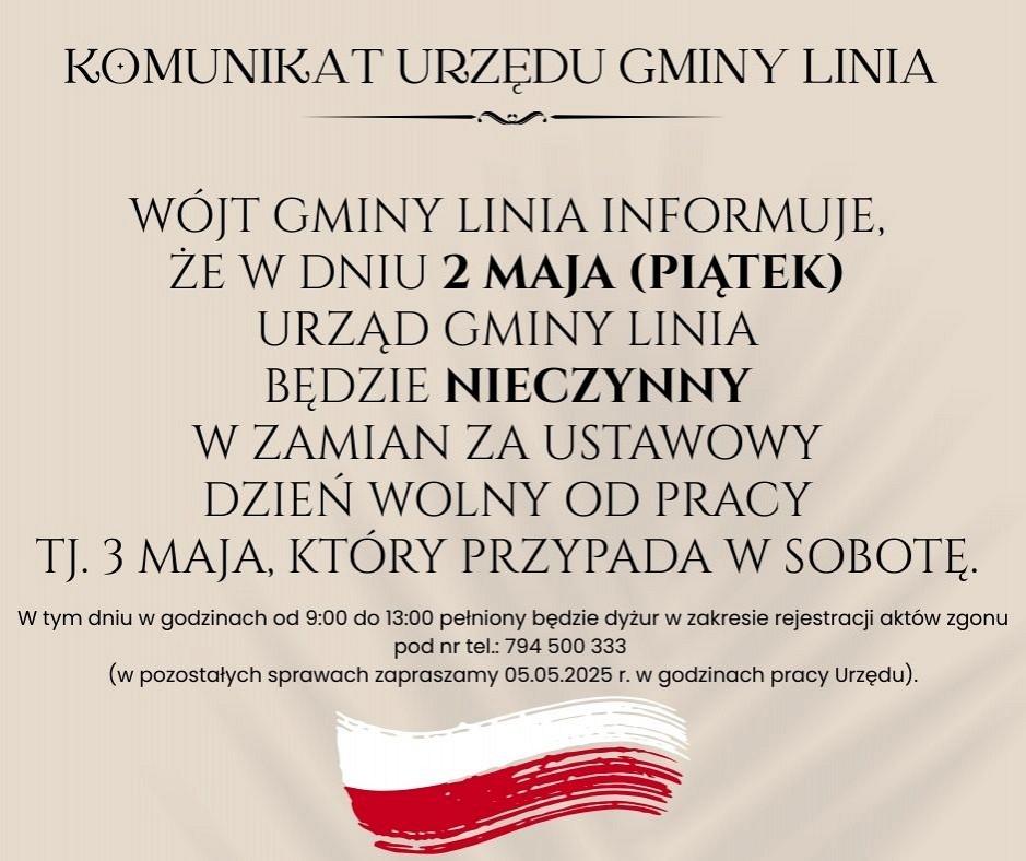 Ogłoszenie o nieczynnym Urzędzie Gminy Linia 2 maja 2025, z motywem flagi Polski.