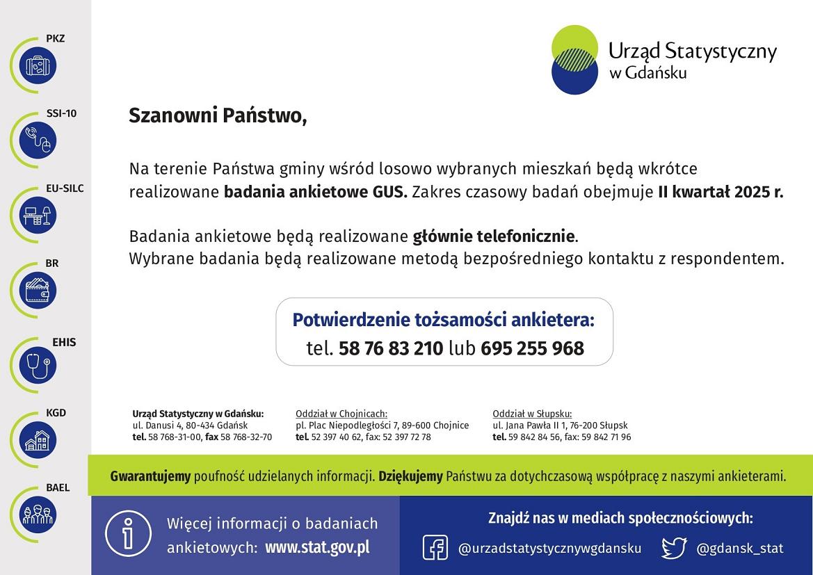 Zrzut ekranu strony urzędowej z komunikatem GUS dla mieszkańców Gminy Linia o ankiecie.