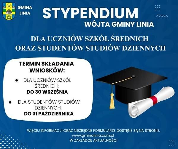 Plakat informujący o stypendium dla uczniów i studentów z czapką absolwenta i dyplomem.