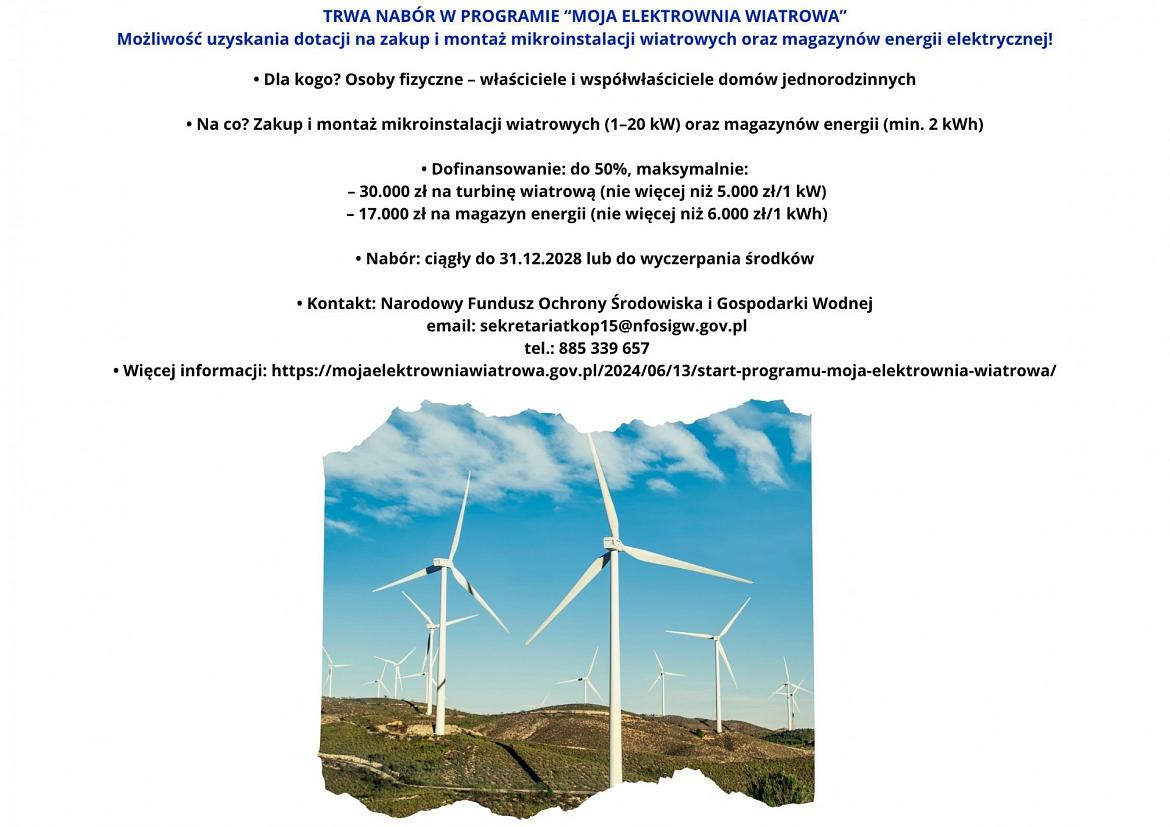 Dokument programu Moja Elektrownia Wiatrowa z grafiką dwóch turbin na błękitnym niebie.