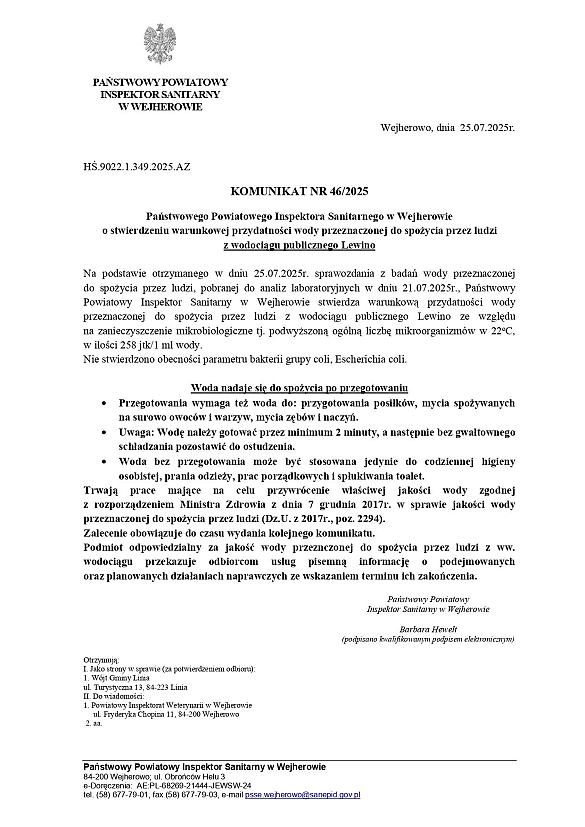 Zamazany urzędowy komunikat o warunkowej przydatności wody do spożycia.