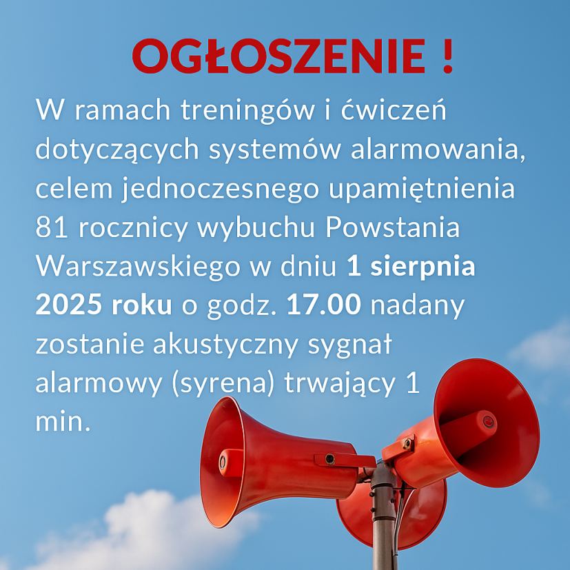 Czerwony megafon na tle nieba z ogłoszeniem o rocznicy Powstania Warszawskiego.